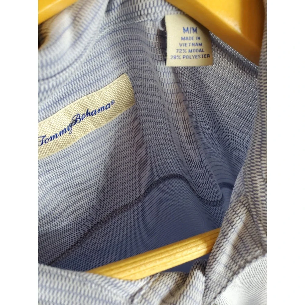 Tommy Bahama Polo Shirt Men's Medium Blue Striped Modal Blend Short Sleeve Casua